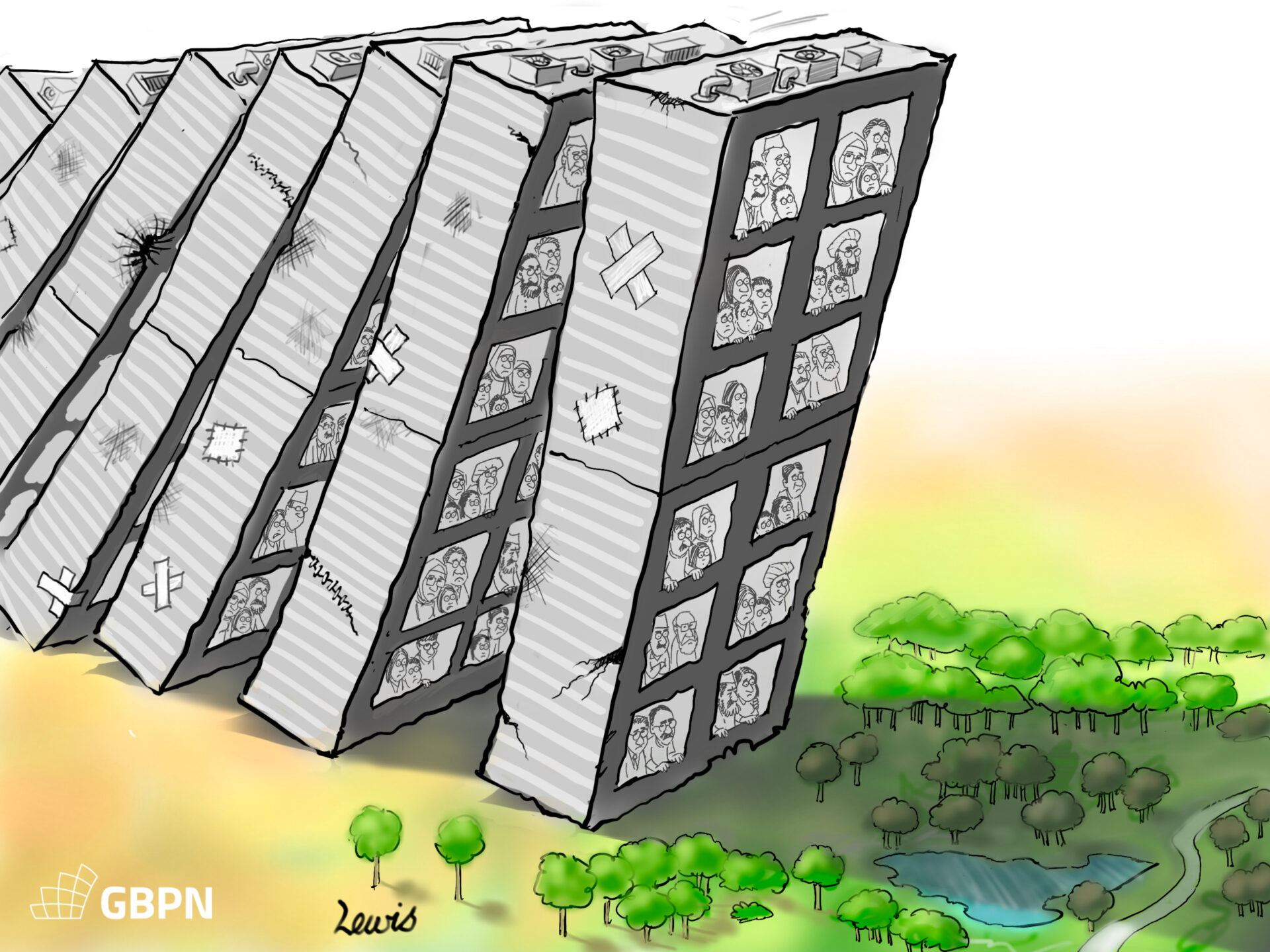 Buildings falling as dominoes due to unsustainable practices